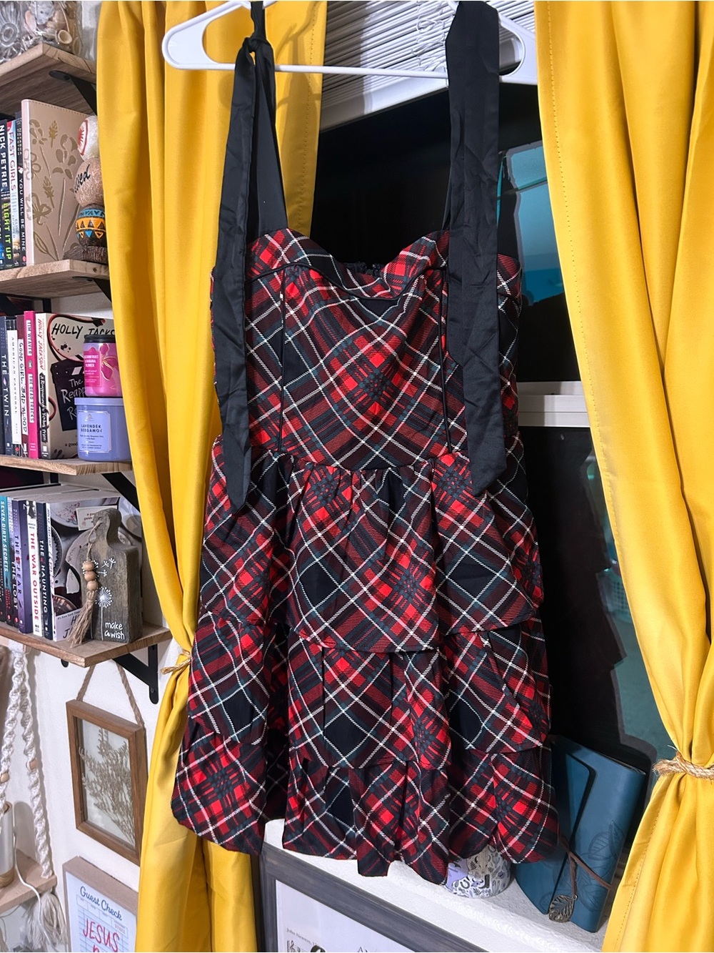 Francesca's Collections Red and Black Plaid Tiered Dress with Black Straps